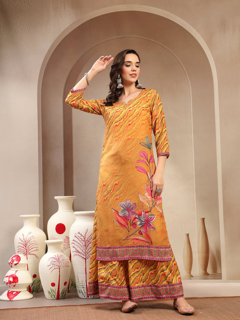 Women's Yellow Embroidered Lehriya Kurta, Palazzo & Dupatta Set