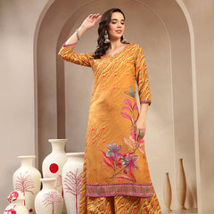 Women's Yellow Embroidered Lehriya Kurta, Palazzo & Dupatta Set