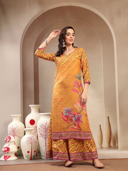 Women's Yellow Embroidered Lehriya Kurta, Palazzo & Dupatta Set