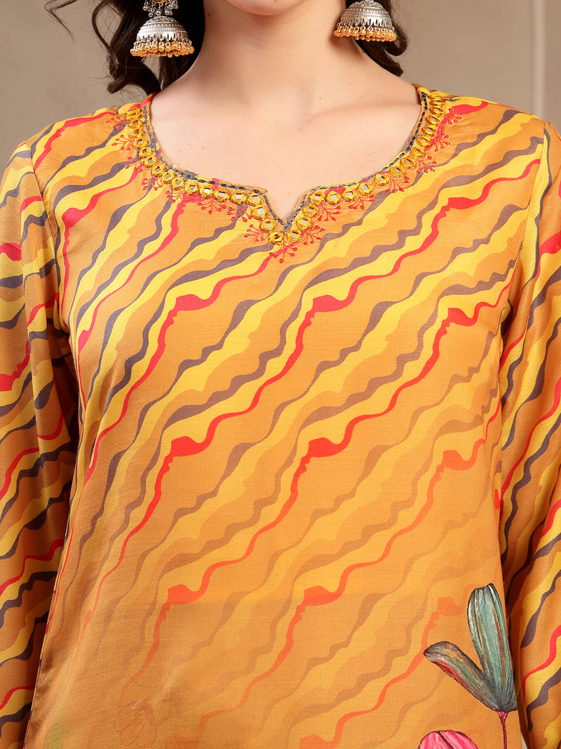 Women's Yellow Embroidered Lehriya Kurta, Palazzo & Dupatta Set