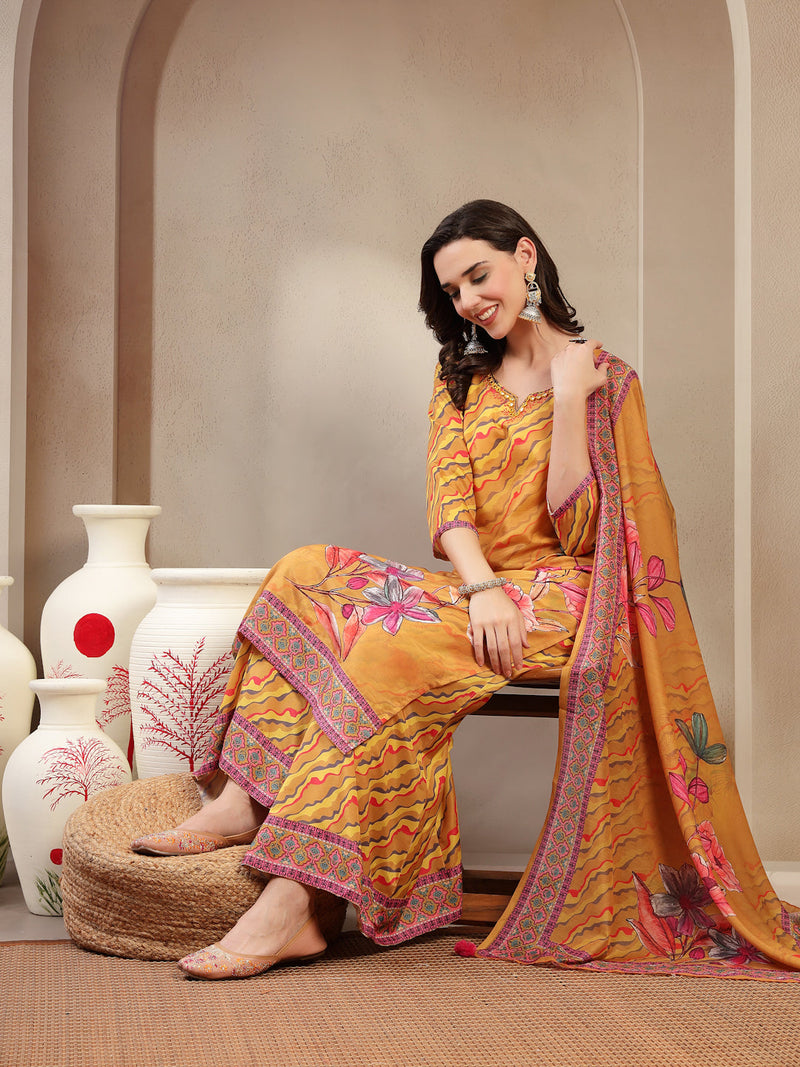 Women's Yellow Embroidered Lehriya Kurta, Palazzo & Dupatta Set