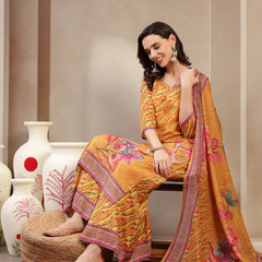 Women's Yellow Embroidered Lehriya Kurta, Palazzo & Dupatta Set