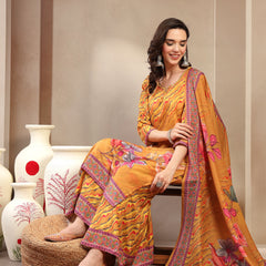 Women's Yellow Embroidered Lehriya Kurta, Palazzo & Dupatta Set