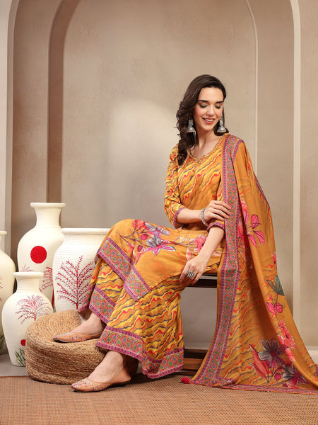 Women's Yellow Embroidered Lehriya Kurta, Palazzo & Dupatta Set