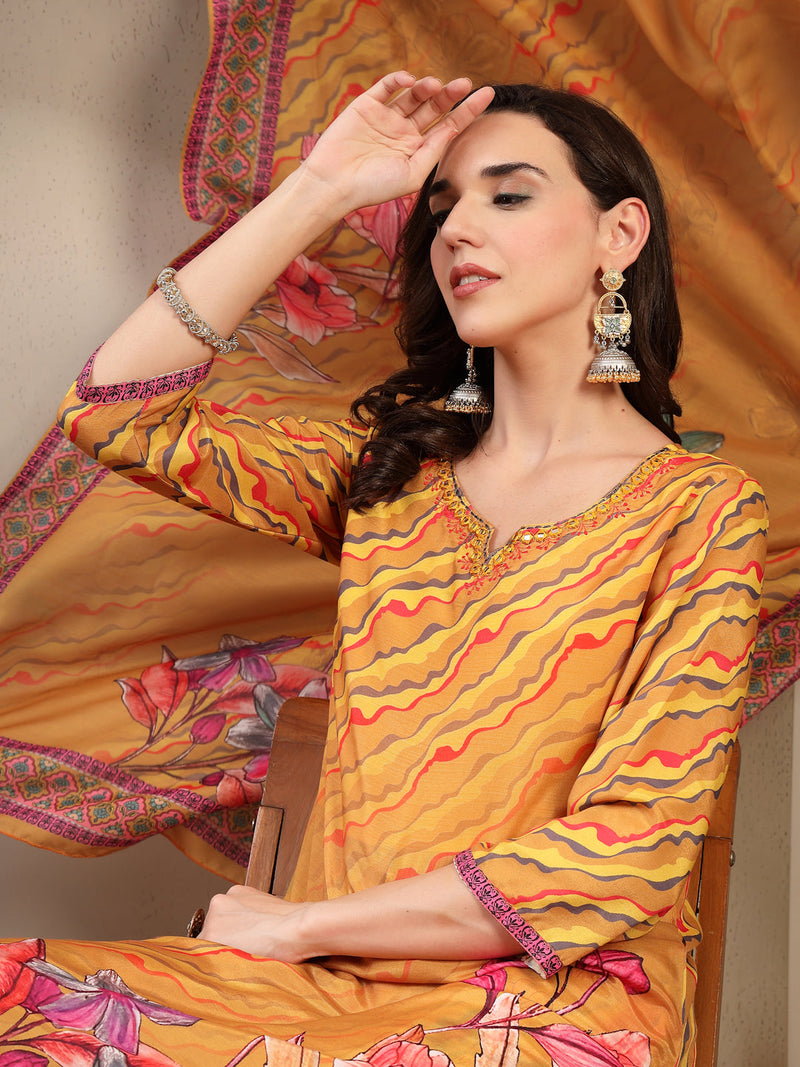 Women's Yellow Embroidered Lehriya Kurta, Palazzo & Dupatta Set