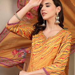 Women's Yellow Embroidered Lehriya Kurta, Palazzo & Dupatta Set