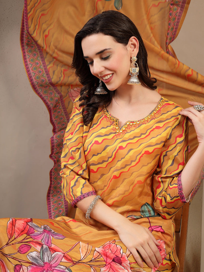 Women's Yellow Embroidered Lehriya Kurta, Palazzo & Dupatta Set