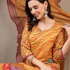 Women's Yellow Embroidered Lehriya Kurta, Palazzo & Dupatta Set