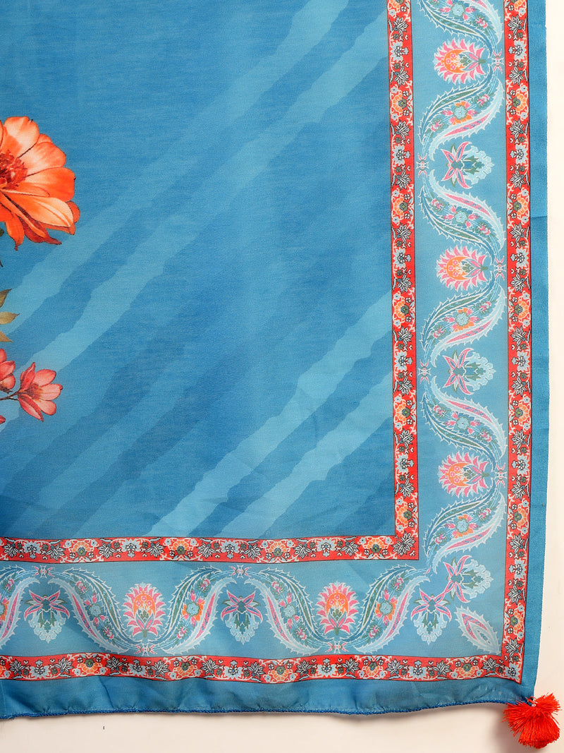 Women Turquoise Blue Lehriya Kurta Palazzo & Dupatta Set