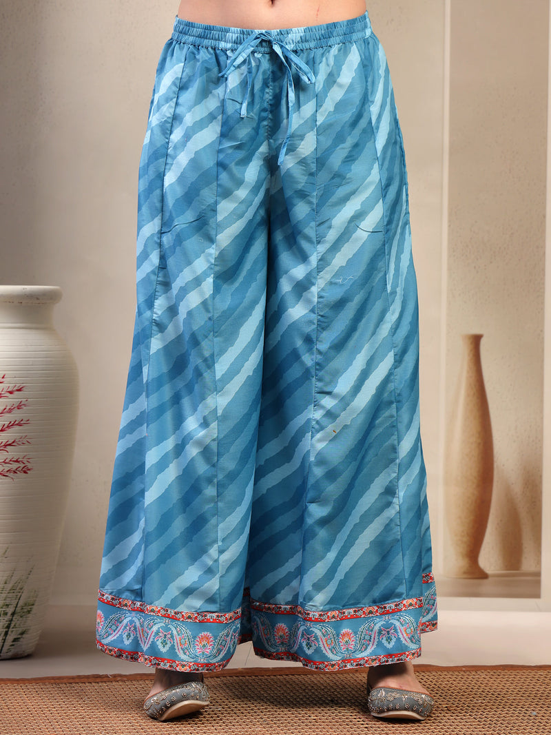 Women Turquoise Blue Lehriya Kurta Palazzo & Dupatta Set