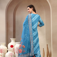 Women Turquoise Blue Lehriya Kurta Palazzo & Dupatta Set