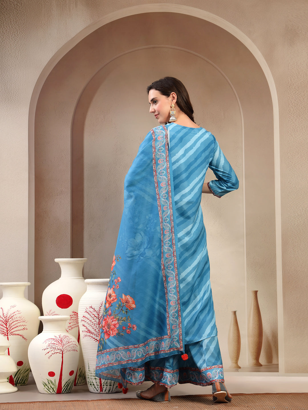 Women Turquoise Blue Lehriya Kurta Palazzo & Dupatta Set