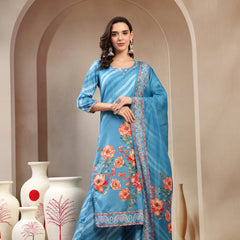 Women Turquoise Blue Lehriya Kurta Palazzo & Dupatta Set