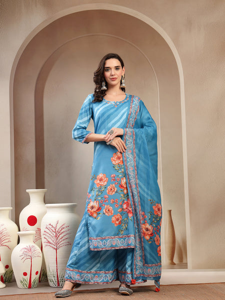 Women Turquoise Blue Lehriya Kurta Palazzo & Dupatta Set