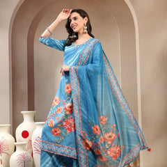 Women Turquoise Blue Lehriya Kurta Palazzo & Dupatta Set