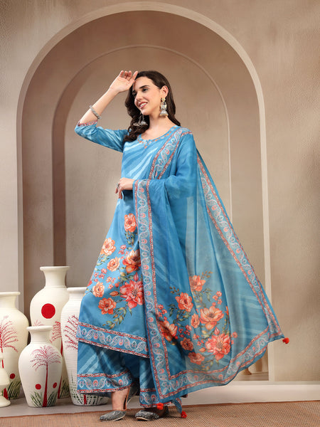 Women Turquoise Blue Lehriya Kurta Palazzo & Dupatta Set
