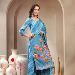 Women Turquoise Blue Lehriya Kurta Palazzo & Dupatta Set