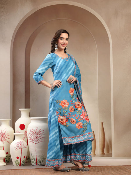 Women Turquoise Blue Lehriya Kurta Palazzo & Dupatta Set