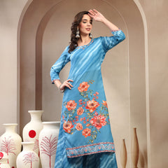 Women Turquoise Blue Lehriya Kurta Palazzo & Dupatta Set