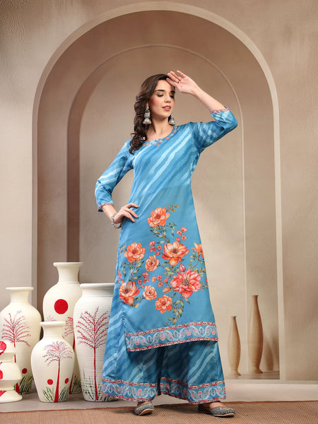 Women Turquoise Blue Lehriya Kurta Palazzo & Dupatta Set