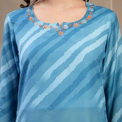 Women Turquoise Blue Lehriya Kurta Palazzo & Dupatta Set