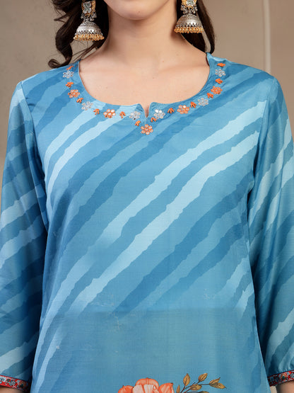 Women Turquoise Blue Lehriya Kurta Palazzo & Dupatta Set