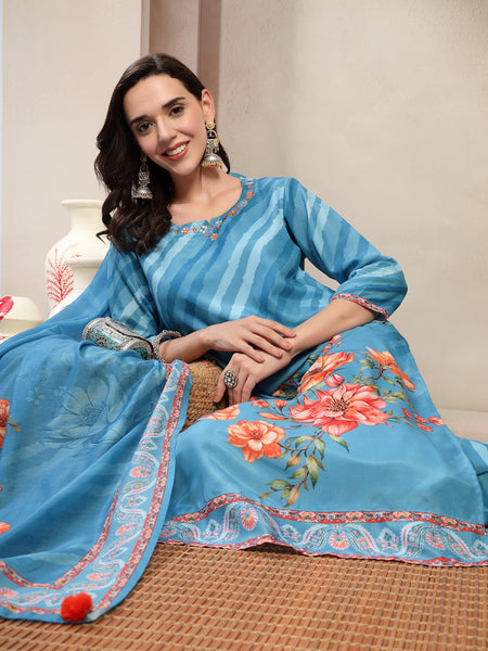 Women Turquoise Blue Lehriya Kurta Palazzo & Dupatta Set