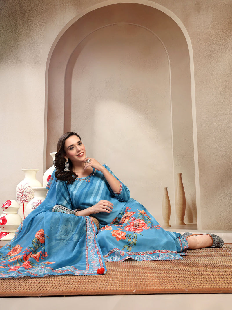 Women Turquoise Blue Lehriya Kurta Palazzo & Dupatta Set