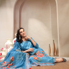 Women Turquoise Blue Lehriya Kurta Palazzo & Dupatta Set