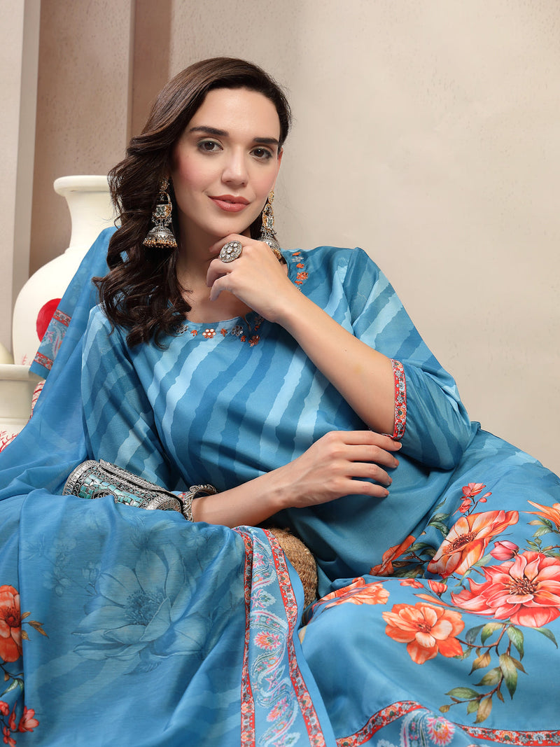 Women Turquoise Blue Lehriya Kurta Palazzo & Dupatta Set