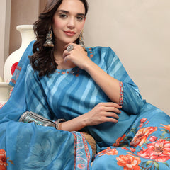 Women Turquoise Blue Lehriya Kurta Palazzo & Dupatta Set