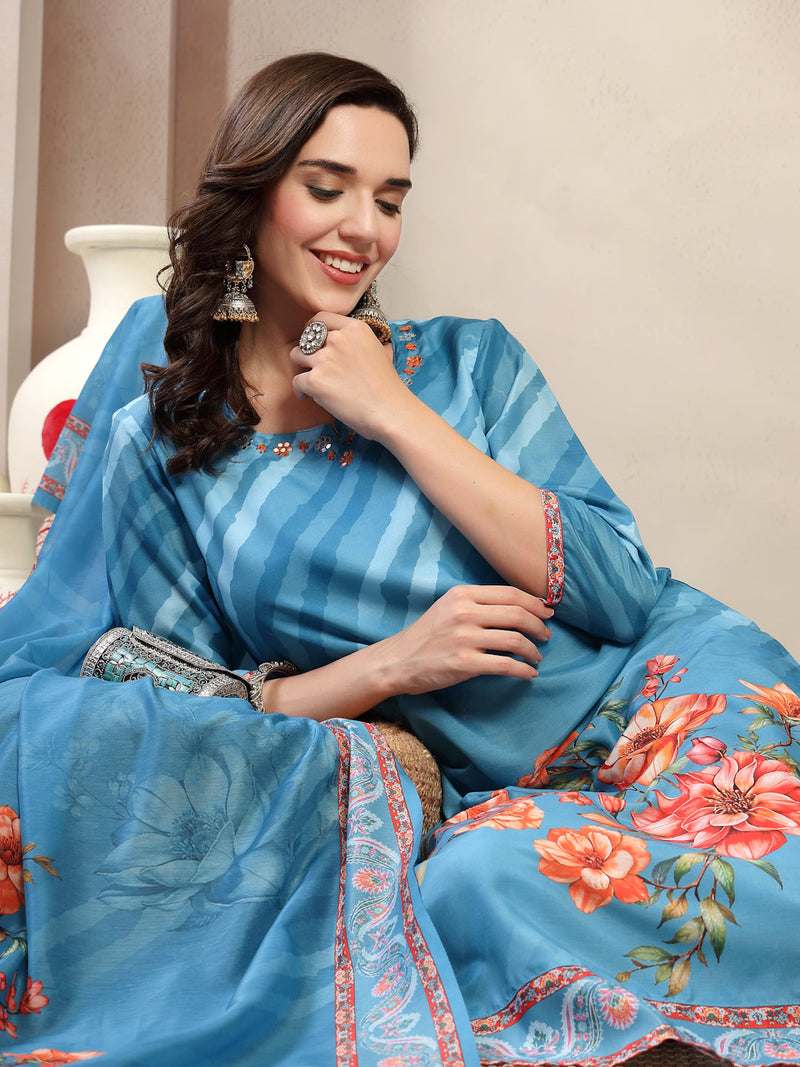 Women Turquoise Blue Lehriya Kurta Palazzo & Dupatta Set