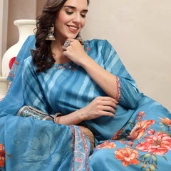 Women Turquoise Blue Lehriya Kurta Palazzo & Dupatta Set