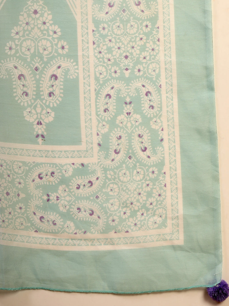 Women Sea Green Polyester Kurta Trouser & Dupatta Set