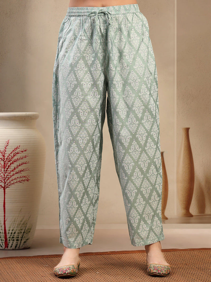 Women Sea Green Polyester Kurta Trouser & Dupatta Set