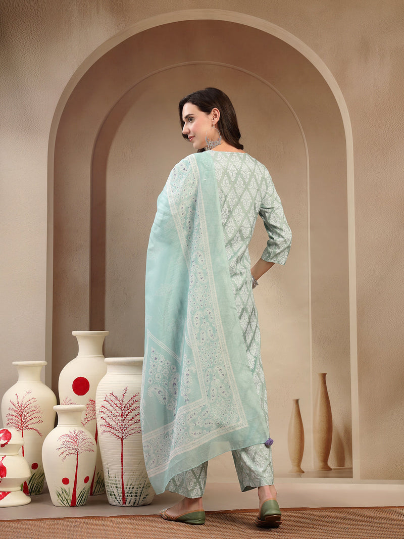 Women Sea Green Polyester Kurta Trouser & Dupatta Set