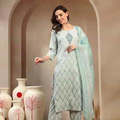 Women Sea Green Polyester Kurta Trouser & Dupatta Set