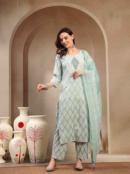 Women Sea Green Polyester Kurta Trouser & Dupatta Set