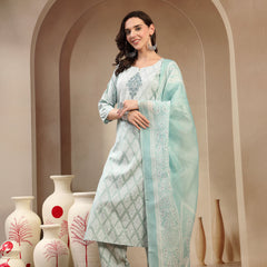 Women Sea Green Polyester Kurta Trouser & Dupatta Set