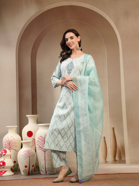 Women Sea Green Polyester Kurta Trouser & Dupatta Set