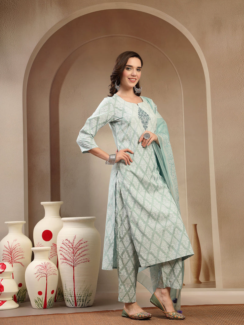 Women Sea Green Polyester Kurta Trouser & Dupatta Set