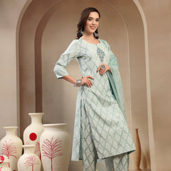 Women Sea Green Polyester Kurta Trouser & Dupatta Set