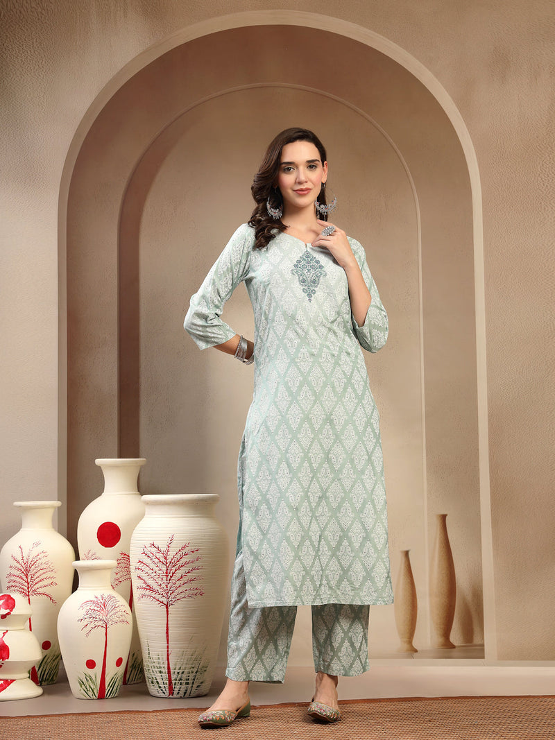 Women Sea Green Polyester Kurta Trouser & Dupatta Set
