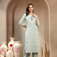 Women Sea Green Polyester Kurta Trouser & Dupatta Set