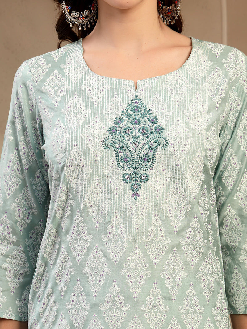 Women Sea Green Polyester Kurta Trouser & Dupatta Set
