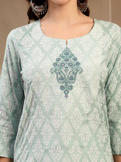 Women Sea Green Polyester Kurta Trouser & Dupatta Set