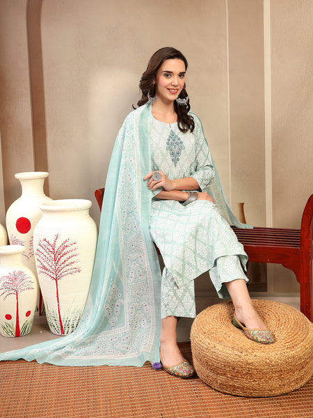 Women Sea Green Polyester Kurta Trouser & Dupatta Set