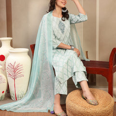 Women Sea Green Polyester Kurta Trouser & Dupatta Set