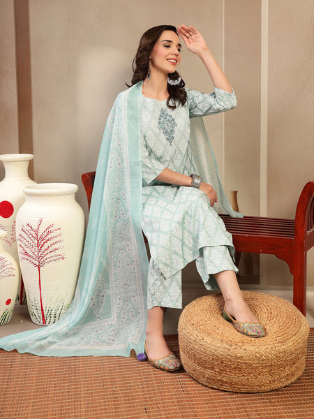 Women Sea Green Polyester Kurta Trouser & Dupatta Set
