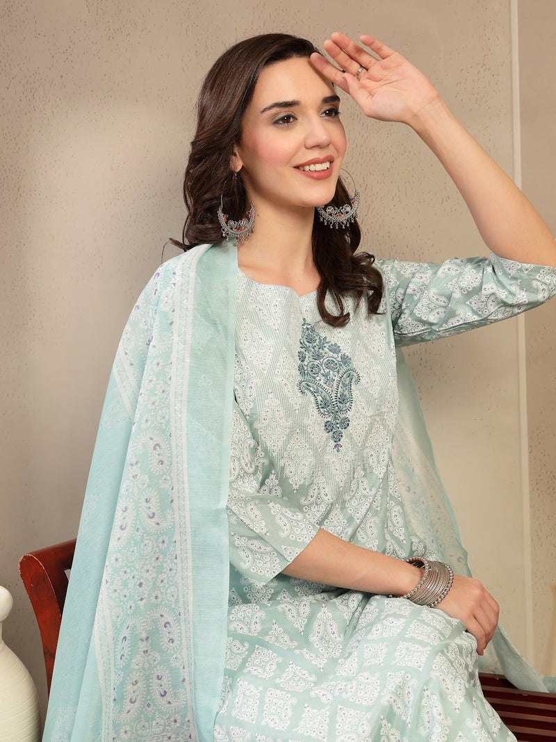 Women Sea Green Polyester Kurta Trouser & Dupatta Set
